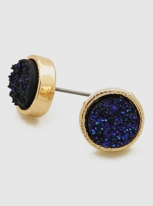 Simulated Druzy Round Shape Stud Earrings-Blue Aurora