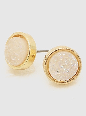 Simulated Druzy Round Shape Stud Earrings-White Aurora