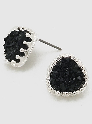 Simulated Druzy Rounded Triangle Stud Earrings-SL/Black
