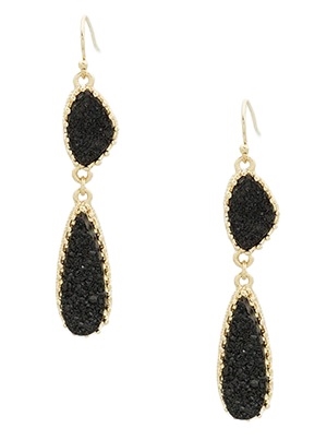 Simulated Druzy Teardrop Drop Earrings-Black