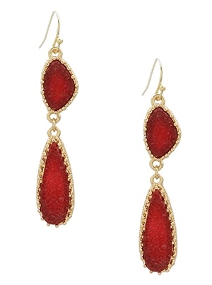 Simulated Druzy Teardrop Drop Earrings-Red