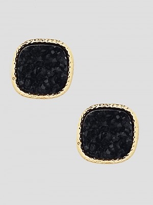 Simulated Druzy Round Square Shape Stud Earrings-Black
