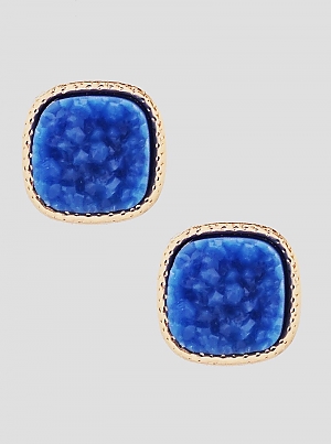 Simulated Druzy Round Square Shape Stud Earrings-Blue