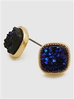 Simulated Druzy Round Square Shape Stud Earrings-Blue Aurora