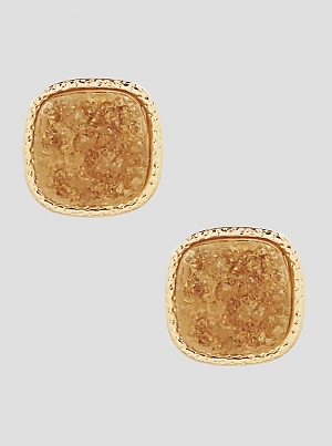 Simulated Druzy Round Square Shape Stud Earrings-Gold