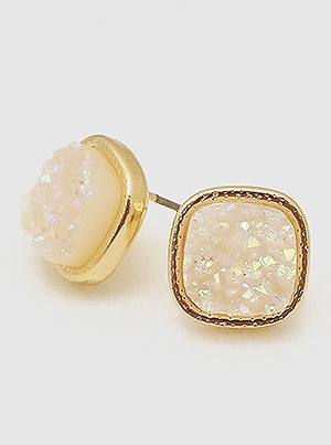 Simulated Druzy Round Square Shape Stud Earrings-White Aurora