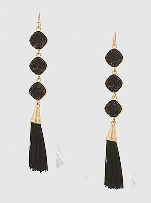Simulated Druzy Thread Tassels Drop Earrings-Black