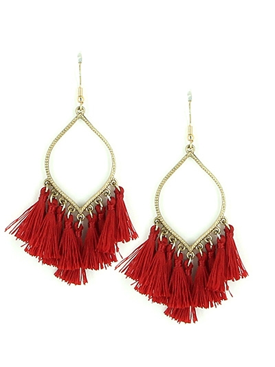 Thread Tassels Marquee Shape Drop Earrings-Red