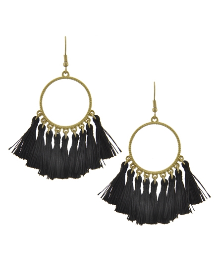 Open Round Thread Tassels Drop Earrings-Black