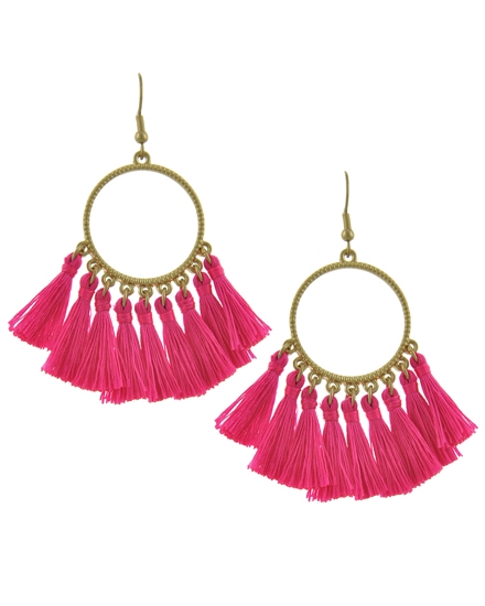 Open Round Thread Tassels Drop Earrings-Hot Pink