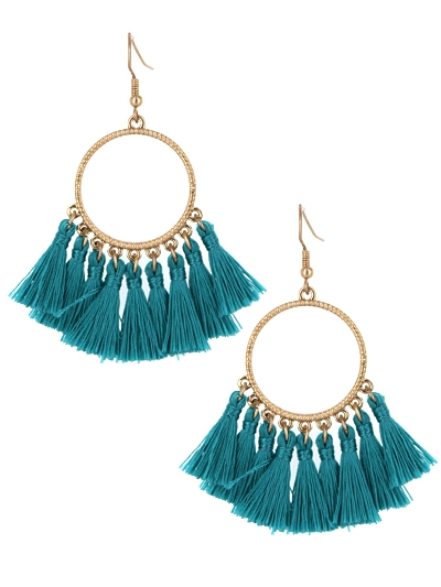 Open Round Thread Tassels Drop Earrings-Turquoise