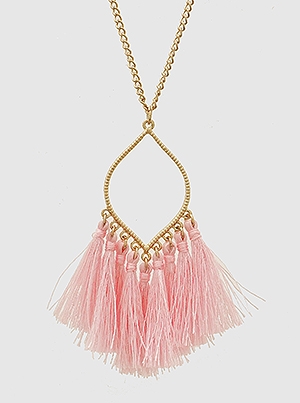 Thread Tassels Marquee Shape Long Necklace-Lt. Pink