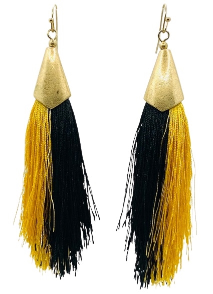 Thin Tassel Black & Gold Earrings