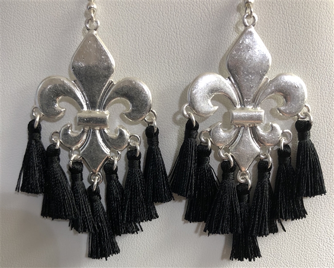 Fleur de Lis Tassel Earrings- Black/Silver