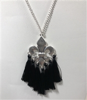 Fleur de Lis Tassel Necklace- Silver/Black