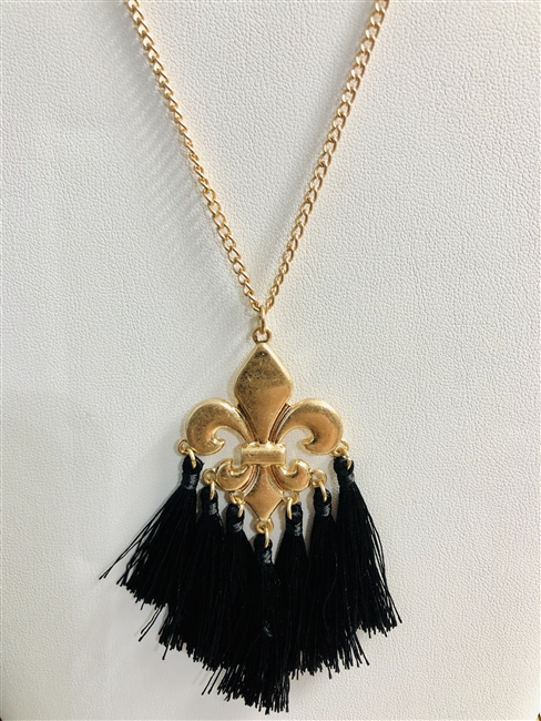 Fleur de Lis Tassel Necklace- Gold/Black