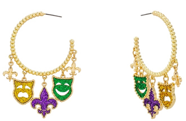 Mardi Gras Glitter Charm Hoop Earrings