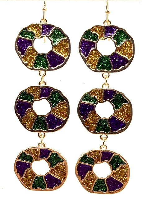 Triple Drop Mardi Gras King Cake Earrings