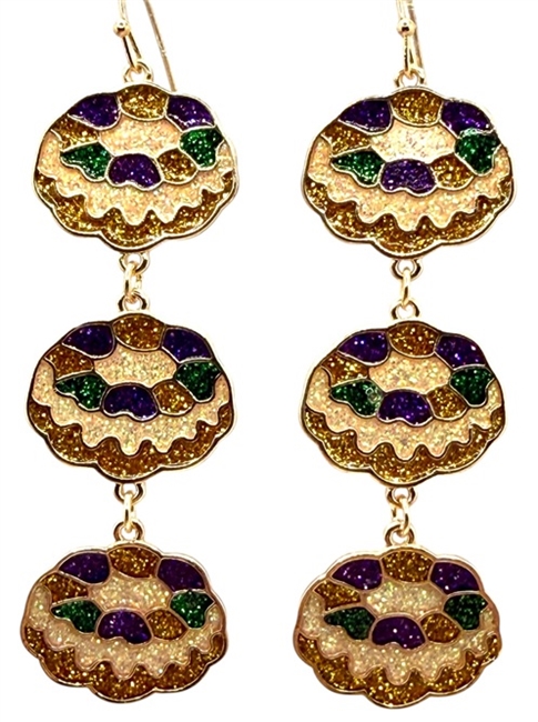 Triple Drop Mardi Gras King Cake Earrings