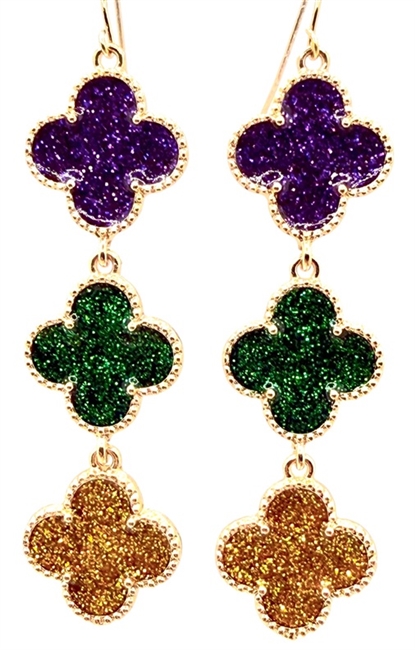 Triple Drop Mardi Gras Clover Earrings