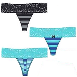 Stripe print cotton spandex thong with lace waist band