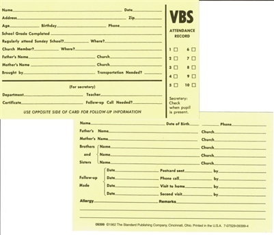 VBS Attendance Record Cards. 3"x5". Pack of 65. Generic.  SAVE 50%.