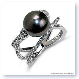 Mark Silverstein Imagines 18K White Gold Three Strand Crossover Diamond and Black South Sea Pearl Ring