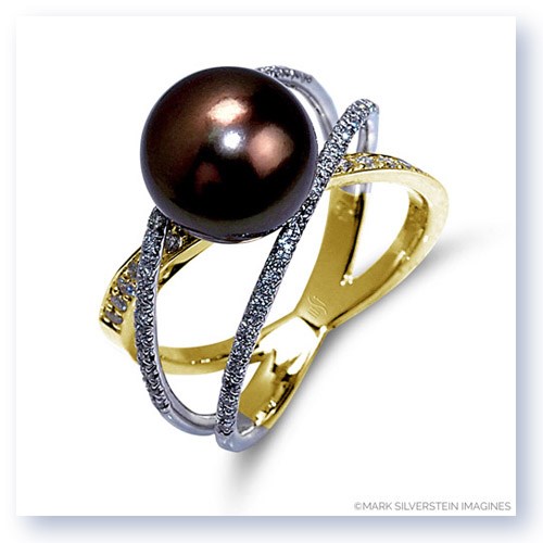 Mark Silverstein Imagines Two Tone 18K White and Yellow Gold Three Strand Crossover Diamond and South Sea Pearl Ring