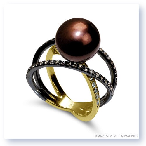 Mark Silverstein Imagines Two Tone 18K Yellow Gold and Black Rhodium Three Strand Crossover Diamond and Pearl Ring