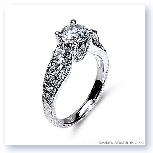 Mark Silverstein Imagines Hand Engraved 18K White Gold Tapered Side Stone Diamond Engagement Ring