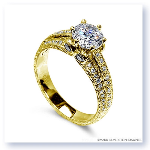 Mark Silverstein Imagines Hand Engraved 18K Yellow Gold Three Band Diamond Engagment Ring
