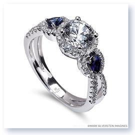 Mark Silverstein Imagines 18K White Gold Three Stone Split Shank Diamond and Sapphire Engagement RIng