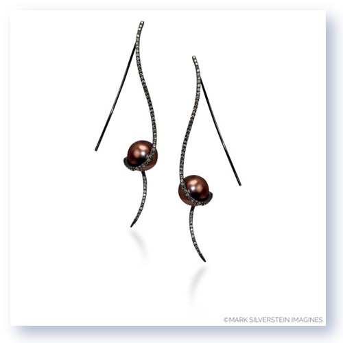 Mark Silverstein Imagines Black Rhodium Plated 18K Yellow Gold Clef Diamond and Chocolate Colored South Sea Pearl Earrings