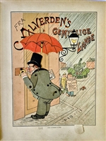 Mechanical frontispiece in Danish satire book Fra Alverdens gemytlige Lande featuring Meggendorfer style movable figure with articulated limbs and umbrella in a carnival scene from 1887 movable book