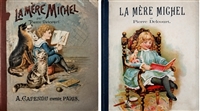 Antique movable book 'La Mere Michel' by Pierre Delcourt, published by A. Capendu in Paris circa 1890. Features 4 chromolithographed movable plates, original half-blue cloth binding, and illustrated cover.