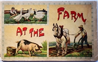 Antiquarian movable book At The Farm by Saalfield Publishing Company, 1897. Unpunched stand-up novelty book with 8 full-color lithographed die-cut scenes and 8 pages of text. Rare early interactive children's book.