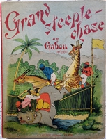 Antique movable book 'Grand Steeple-Chase Au Gabon' by A. Capendu, Paris. Features a pull-tab fold-out panorama with 4 movable pages, depicting racist scenes.