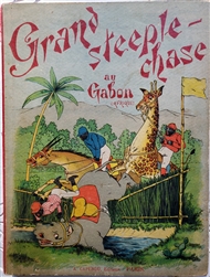 Antique movable book 'Grand Steeple-Chase Au Gabon' by A. Capendu, Paris. Features a pull-tab fold-out panorama with 4 movable pages, depicting racist scenes.