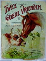 Antique Dutch movable book Twee Goede Vrienden (c. 1913) published by D. Bolle. Features 4 chromolithograph mechanical plates and 6 pages of illustrated text. Complete with working tabs. Cow and horse cover design.