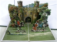 Antique Mechanical Pop-Up Card by S. Hildesheimer & Co., ca. 1882â€“1884, titled "In the Highlands" â€“ Rare double-page hunting scene before a castle with original silk ribbon lift and vivid chromolithograph printing.