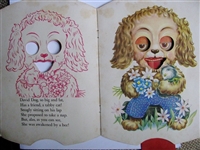 Movable pull-tab book Eyes Open, Eyes Shut (1920s) with adorable  characters including dog, cat, monkey, sailor, and clownâ€”eyes open and tongues stick out when tabs are pulled