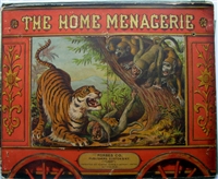 Rare 1883 movable toy book by Forbes Lithograph Co featuring nine animal chromolithographs and wire cage structure with transforming cover