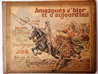 Rare French paper doll book Amazones dâ€™hier et dâ€™aujourdâ€™hui 1905 with uncut illustrated plates by Job, Hachette Paris