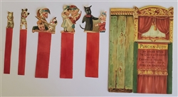 Raphael Tuck Punch and Judy paper toy theater with five original puppets, chromolithographed stage folds into 3D box, ca. 1893â€“1901, rare Victorian puppet show from Tuckâ€™s Stage Series