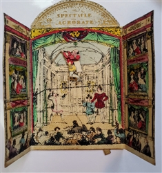 Spectacle Acrobate movable card souvenir dated 1834 showing tightrope walker on stage with tab mechanism in ornate miniature theater linked to Madame Saqui's Paris rope performance venue