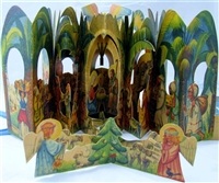 1968 Kubasta Vanocni Betlem nativity - Near Fine condition - all original with no damage. Includes BOTH original free-standing interlocking figures with palm tree backdrop. First edition with tan back, not smooth like later reprints.