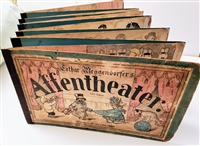 Affentheater panorama book by Lothar Meggendorfer published by Braun and Schneider in Munich circa 1880s showing circus of performing monkeys in six joined panels original German fold out toy book