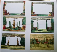 Zier Garten mit Fontainen und Cascaden peepshow by Martin Engelbrecht featuring six hand-colored die-cut Baroque garden scenes with fountains and cascades, Augsburg ca 1750