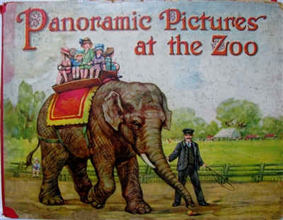 Raphael Tuck Panoramic Pictures at the Zoo antique movable book in fine condition. Panoramic accordion like design with each of the 6 panels having a pull-out pop-up style three dimensional plate. Each pull-out is of an animal in a cage.