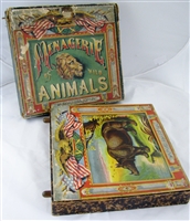 Menagerie of Wild Animals scrolling panorama toy by McLoughlin Bros with original slipcase hand crank operated viewing box with full color animal scroll illustrations